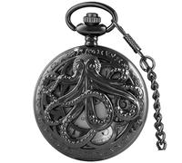 Tiong Montre de poche vintage à quartz creux en forme de pieuvre pour homme - Style steampunk - Dragon gravé - Avec chaîne, noir/blanc, Classique