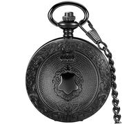 Tiong Montre de poche vintage avec bouclier noir avec chaîne, boîtier gravé complexe et cadran à chiffres romains, montre de poche à quartz rétro classique pour homme