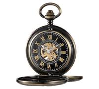 Tiong Montre de poche vintage double Hunter avec chaîne en acier lisse mécanique steampunk chiffres romains montre de poche et boîte cadeau pour homme meilleur cadeau, 37-bronze, Classique