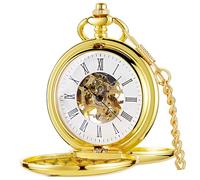 Tiong Montre de poche vintage double Hunter avec chaîne en acier lisse mécanique steampunk chiffres romains montre de poche et boîte cadeau pour homme meilleur cadeau, Or et blanc., Rétro