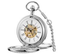 Tiong Montre de poche vintage double Hunter avec chaîne en acier lisse mécanique steampunk chiffres romains montre de poche et boîte cadeau pour homme meilleur cadeau, Argenté et gris, Rétro