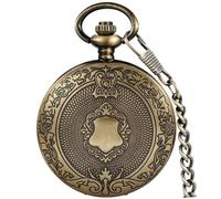 Tiong Montre de poche vintage en bronze avec chaîne, boîtier gravé complexe et cadran à chiffres romains, montres de poche à quartz rétro classiques pour homme
