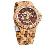 Tiong Montre de Sport Mécanique en Bois Cadran Numérique Creux Bracelet en Bois avec Aiguilles Lumineuses Montre Mécanique Homme Cadeau pour Homme