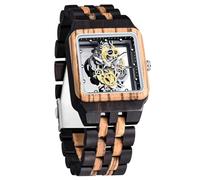 Tiong Montre en bois de bambou rectangulaire pour homme - Squelette creux - Montre analogique à quartz pour homme, Wq1010-braun, Rétro