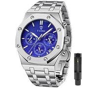 Tiong Montre pour homme en acier inoxydable étanche chronographe date Business Analogique Quartz Casual Business Watch avec boîte, Tiong - Bleu argenté, Bracelet