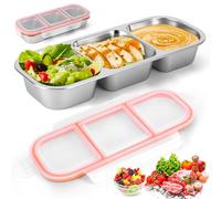 TiooDre Boîte à goûter avec compartiments, 3 compartiments, petite boîte à bento en acier inoxydable avec couvercle hermétique pour l'école, le travail et les voyages, 600 ml réutilisables pour