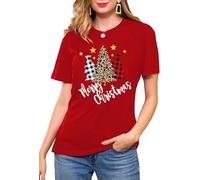 tiorhooe Merry Christmas T-Shirts pour Femmes Buffalo Plaid Arbre T-Shirt Femmes Noël Graphic Print Tees