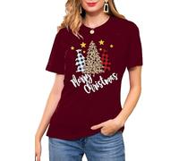 tiorhooe Merry Christmas T-Shirts pour Femmes Buffalo Plaid Arbre T-Shirt Femmes Noël Graphic Print Tees