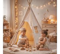 Tipi enfant, cabane d'imaginaire avec tapis et guirlande