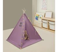 Tipi - Tente de jeu pour enfant - Avec tapis doux et guirlande lumineuse - En coton et lin - 1,4 m de haut - Pliable - Pour l'intérieur et l'extérieur - Violet