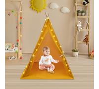 Tipi - Tente de jeu pour enfant - En coton et lin - Avec tapis doux et guirlande lumineuse - 1,4 m de haut - Pliable - Pour l'intérieur et l'extérieur - Jaune
