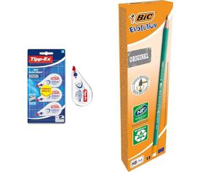 Tipp-Ex Mini Pocket Mouse Rubans Correcteurs 6m x 5 mm, Parfait pour l'Ecole et au Bureau & Evolution Original Crayons à Papier avec Gomme Intégrée, Certifiés NF Environnement, Pointe HB