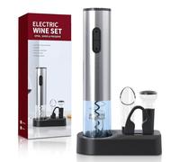 Tire-bouchon électrique 5 en 1 à piles avec base de rangement, coupe-capsule, bec verseur et bouchon de vin (argent)