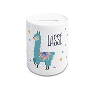 Tirelire avec prénom et Lama Bleu Cadeau pour Argent baptême Cadeau Anniversaire Noël céramique Blanche Enfants Filles garçons Argent de Poche idée Cadeau
