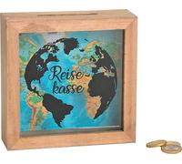 Tirelire Caisse de voyage bois/verre, bleu/naturel