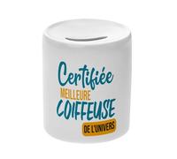 Tirelire Céramique Blanche - Certifiée Meilleure Coiffeuse de l'univers Mode Fashion - Boîte à Monnaie avec Bouchon Décoration Chambre Imprimé en France