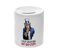 Tirelire Céramique Blanche - C'est Celui Qui Dit Qui l'est Humour Expression Enfant - Boîte à Monnaie avec Bouchon Décoration Chambre Imprimé en France