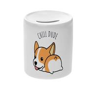 Tirelire Céramique Blanche - Chill Dude Chien Tranquille Enfant Soleil - Boîte à Monnaie avec Bouchon Décoration Chambre Imprimé en France