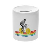 Tirelire Céramique Blanche - Cycliste Arc-en-Ciel Collage Art Surréalisme Vélo - Boîte à Monnaie avec Bouchon Décoration Chambre Imprimé en France