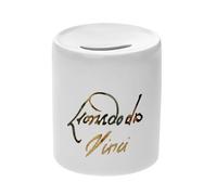 Tirelire Céramique Blanche - Da Vinci Signature Peintre Célèbre Artiste Renaissance Dessin Architecture Sculpture - Boîte à Monnaie avec Bouchon Décoration Chambre Imprimé en France