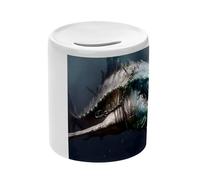 Tirelire Céramique Blanche - Dessin Requins Géant Effrayant Fantastique - Boîte à Monnaie avec Bouchon Décoration Chambre Imprimé en France