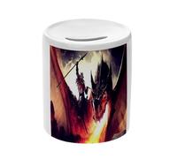 Tirelire Céramique Blanche - Dragon crache feu Fantastique - Boîte à Monnaie avec Bouchon Décoration Chambre Imprimé en France