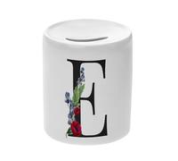 Tirelire Céramique Blanche - E Elise Emma Eva Lettre Alphabet Prénom Fleurs - Boîte à Monnaie avec Bouchon Décoration Chambre Imprimé en France