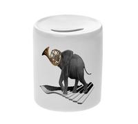 Tirelire Céramique Blanche - Éléphant Pianiste et Corniste Collage Art Surréalisme - Boîte à Monnaie avec Bouchon Décoration Chambre Imprimé en France