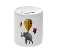 Tirelire Céramique Blanche - Éléphant Volant Mongolfière Collage Art Surréalisme - Boîte à Monnaie avec Bouchon Décoration Chambre Imprimé en France