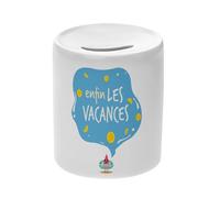 Tirelire Céramique Blanche - Enfin Les Vacances Été Plage mer Bouée Soleil - Boîte à Monnaie avec Bouchon Décoration Chambre Imprimé en France