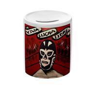 Tirelire Céramique Blanche - Graffiti Viva Lucha Libre Catch Lutte Mexique - Boîte à Monnaie avec Bouchon Décoration Chambre Imprimé en France