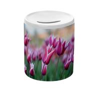 Tirelire Céramique Blanche - Gros Plan Champ de Tulipes Rouges Vie Vegetale - Boîte à Monnaie avec Bouchon Décoration Chambre Imprimé en France