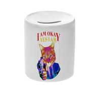 Tirelire Céramique Blanche - I am Okay Yes I Am Chat Pistolet Collage Vintage Illustration Art Humour Parodie Animal - Boîte à Monnaie avec Bouchon Décoration Chambre Imprimé en France