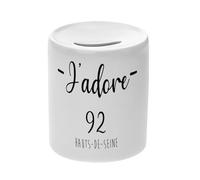 Tirelire Céramique Blanche - J'adore 92 Hauts De Seine Departement France Region Nanterre - Boîte à Monnaie avec Bouchon Décoration Chambre Imprimé en France