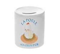 Tirelire Céramique Blanche - La Poule aux Oeufs d'or Expression Enfant - Boîte à Monnaie avec Bouchon Décoration Chambre Imprimé en France