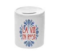 Tirelire Céramique Blanche - La Vie en Rose Vintage Luxe Rétro Chic Français - Boîte à Monnaie avec Bouchon Décoration Chambre Imprimé en France