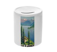 Tirelire Céramique Blanche - Lac D'Annecy France Affiche Poster Vintage Voyage Art Deco 30's - Boîte à Monnaie avec Bouchon Décoration Chambre Imprimé en France