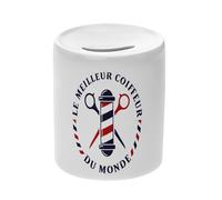 Tirelire Céramique Blanche - Le Meilleur Coiffeur du Monde Barbier Style Mode Coiffure Métier Job - Boîte à Monnaie avec Bouchon Décoration Chambre Imprimé en France