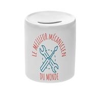 Tirelire Céramique Blanche - Le Meilleur Mécanicien du Monde Garagiste Voiture Mécanique Moto Camion Moteur Automobile - Boîte à Monnaie avec Bouchon Décoration Chambre Imprimé en France