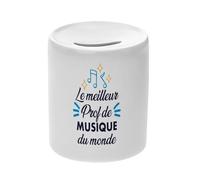Tirelire Céramique Blanche - Le Meilleur Prof de Musique du Monde College Lycee Conservatoire Instrument - Boîte à Monnaie avec Bouchon Décoration Chambre Imprimé en France