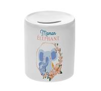 Tirelire Céramique Blanche - Maman éléphant et Son Bébé Dessin Illustration - Boîte à Monnaie avec Bouchon Décoration Chambre Imprimé en France