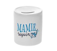 Tirelire Céramique Blanche - Mamie Requin Famille Mignon Poisson - Boîte à Monnaie avec Bouchon Décoration Chambre Imprimé en France