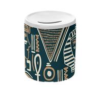 Tirelire Céramique Blanche - Motif Hieroglyphes Sombre Egyptiens Ancien Symboles Antiquité Egypte Pharaons - Boîte à Monnaie avec Bouchon Décoration Chambre Imprimé en France