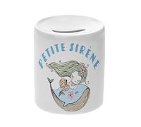 Tirelire Céramique Blanche - Petite Sirène Baleine Mignon Dessin Original - Boîte à Monnaie avec Bouchon Décoration Chambre Imprimé en France