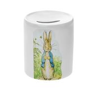 Tirelire Céramique Blanche - Petter Rabbit dans Son Jardin Pierre Lapin Illustration Enfant Beatrice Potter - Boîte à Monnaie avec Bouchon Décoration Chambre Imprimé en France