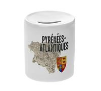 Tirelire Céramique Blanche - Pyrénées Atlantiques 64 Département Pau Carte Ancienne Rare - Boîte à Monnaie avec Bouchon Décoration Chambre Imprimé en France