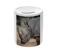 Tirelire Céramique Blanche - Rhinocéros Blanc Vie Sauvage Savane Afrique - Boîte à Monnaie avec Bouchon Décoration Chambre Imprimé en France