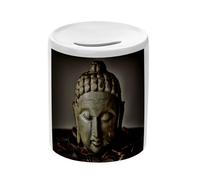 Tirelire Céramique Blanche - Sculpture Tête de Bouddha en Pierre Style Japonnais dans Coupe d'argent - Boîte à Monnaie avec Bouchon Décoration Chambre Imprimé en France