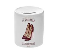 Tirelire Céramique Blanche - Talons - l'argent ne Fait Pas Le Bonheur Chaussures Boîte à Monnaie avec Bouchon Décoration Chambre Imprimé en France