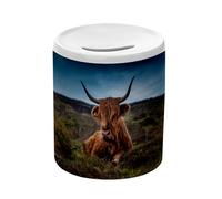 Tirelire Céramique Blanche - Taureau Highland Magnifique Animal Vie Sauvage Photo Nature - Boîte à Monnaie avec Bouchon Décoration Chambre Imprimé en France
